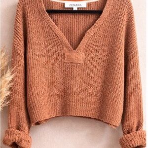 Zenana Outfitters Women's V-Neck Sweater in Warm Brown